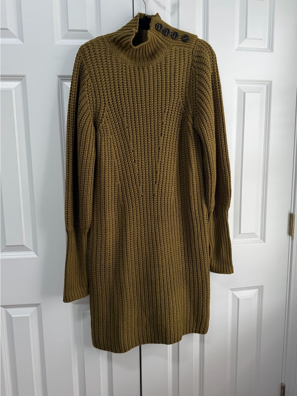 Moon River Olive Button-Shoulder Ribbed Knit Sweater Dress